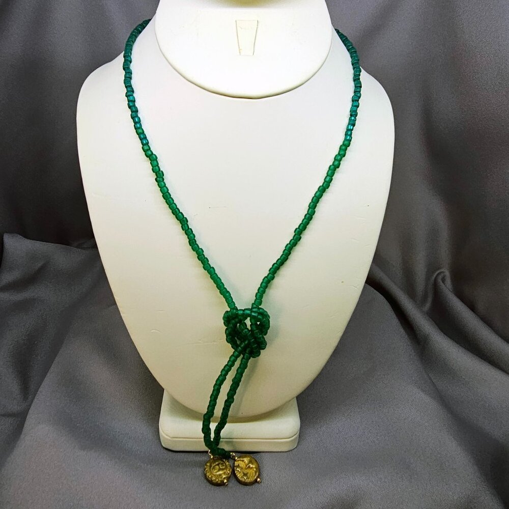 Green Seed Bead Lariat Necklace w/Gold Tone Sun/ Moon Beads Handmade - 33 & 3/4"
